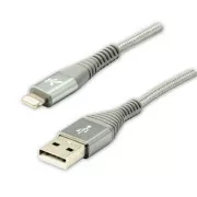 Logo USB kabel (2.0), USB A samec - Apple Lightning samec, 2m, MFi certifikace, 5V/2,4A, stříbrný, box, nylonové opletení, hliníko