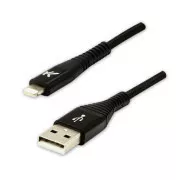 Logo USB kabel (2.0), USB A samec - Apple Lightning samec, 2m, MFi certifikace, 5V/2,4A, černý, box, nylonové opletení, hliníkový