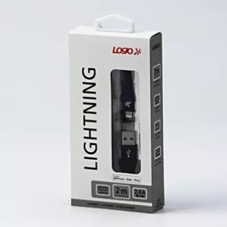 Logo USB kabel (2.0), USB A samec - Apple Lightning samec, 2m, MFi certifikace, 5V/2,4A, černý, box, nylonové opletení, hliníkový