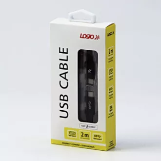 Logo USB kabel (3.2 gen 1), USB C samec - USB C samec, 2m, 5 Gb/s, 5V/3A, černý, box, nylonové opletení, hliníkový kryt konektoru