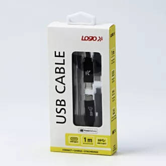 Logo USB kabel (3.2 gen 2), USB C samec - USB C samec, 1m, Power Delivery 100W, 10 Gb/s, 20V/5A, černý, box, nylonové opletení, hl
