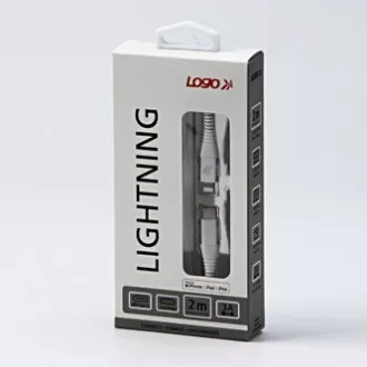 Logo USB kabel (2.0), USB C samec - Apple Lightning samec, 2m, MFi certifikace, 5V/3A, bílý, box, nylonové opletení, hliníkový kry