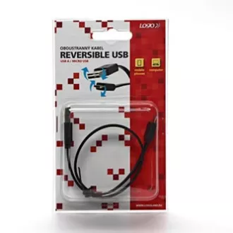 USB kabel (2.0), USB A samec reversible - microUSB samec reversible, 0.3m, plochý, černý, oboustranný, DOPRODEJ