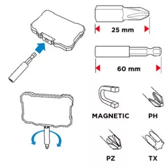 Sada bitů, 56H614, 8 bitů + magnetický nástavec 1/4", barevné rozlišení bitů, Graphite Sada bitů, 56H614, 8 bitů + magnetický nástavec 1/4", barevné rozlišení bitů, Graphite