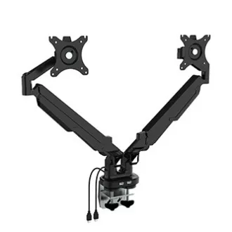 Polohovatelný držák pro 2 monitory, černý, 2-9 Kg, svorka a průchodka stolu, 17"-32", USB HUB, 75x75/100x100