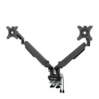 Polohovatelný držák pro 2 monitory, černý, 2-9 Kg, svorka a průchodka stolu, 17"-32", USB HUB, 75x75/100x100