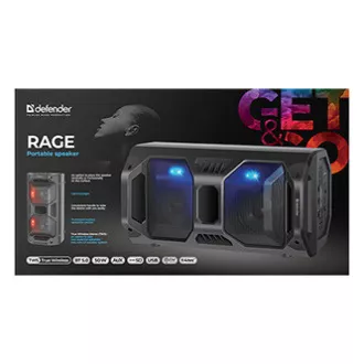 Defender reproduktor Rage, Li-Ion, 2.0, 50W, černý, regulace hlasitosti, LED podsvícení, BT 5.0, TWS, dálkové ovládání, 45Hz~22kHz