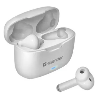 Defender Twins 903, sluchátka s mikrofonem, ovládání hlasitosti, bílá, špuntová, BT 5.0, TWS, nabíjecí pouzdro typ bluetooth