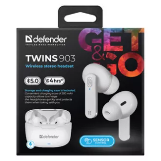Defender Twins 903, sluchátka s mikrofonem, bezdrátovábílá, špuntová, BT 5.0, TWS, nabíjecí pouzdro typ bluetooth, DOPRODEJ
