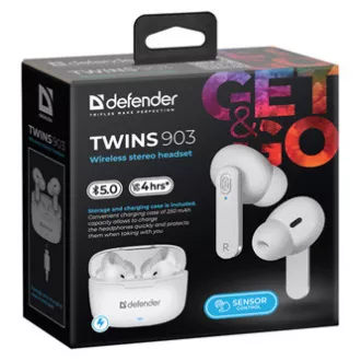 Defender Twins 903, sluchátka s mikrofonem, bezdrátovábílá, špuntová, BT 5.0, TWS, nabíjecí pouzdro typ bluetooth, DOPRODEJ
