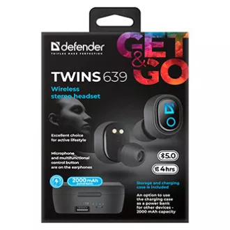 Defender Twins 639 sluchátka s mikrofonem, bezdrátová, černá, špuntová, BT 5.0, TWS, nabíjecí pouzdro s powerbankou typ bluetooth,