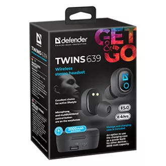 Defender Twins 639 sluchátka s mikrofonem, bezdrátová, černá, špuntová, BT 5.0, TWS, nabíjecí pouzdro s powerbankou typ bluetooth,
