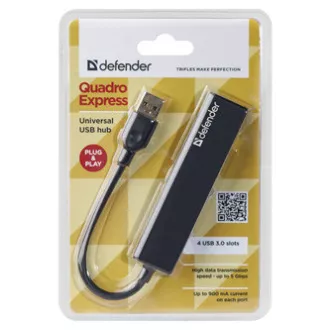 USB (3.0) HUB 4-port, Quadro Express, černý, Defender, kompaktní
