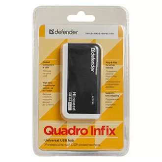 USB (2.0) hub 4-port, Quadro Infix, černo-šedá, Defender, LED indikátor, kompaktní