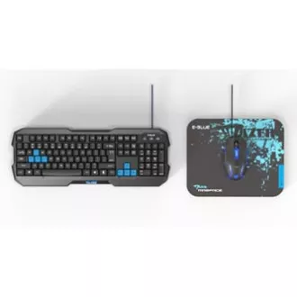 E-blue Polygon sada klávesnice drátová (USB) US, černo-modrá s myší Cobra II, herní, a podložkou Mazer Marface S typ, DOPRODEJ