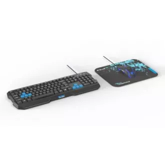 E-blue Polygon sada klávesnice drátová (USB) US, černo-modrá s myší Cobra II, herní, a podložkou Mazer Marface S typ, DOPRODEJ
