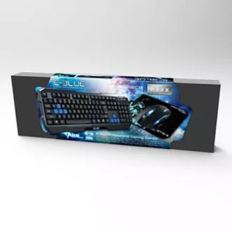 E-blue Polygon sada klávesnice drátová (USB) US, černo-modrá s myší Cobra II, herní, a podložkou Mazer Marface S typ, DOPRODEJ