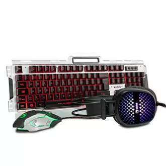 Marvo CM303, sada klávesnice s herní myší a sluchátky, US, herní, membránová typ drátová (USB), černo-stříbrná, podsvícená