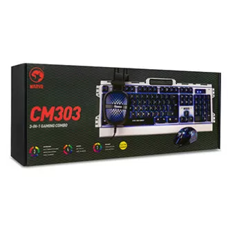 Marvo CM303, sada klávesnice s herní myší a sluchátky, US, herní, membránová typ drátová (USB), černo-stříbrná, podsvícená