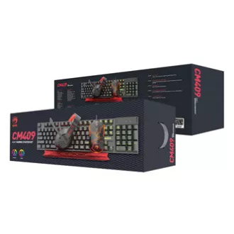 Marvo CM409 EN sada klávesnice drátová (USB) US, černá s herní myší, podložkou a sluchátky, herní, membránová typ podsvícená, DOPR
