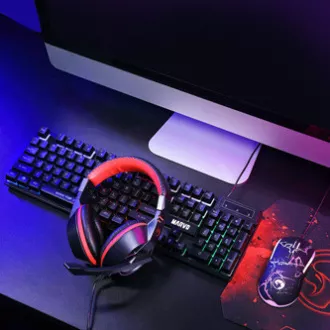 Marvo CM409 EN sada klávesnice drátová (USB) US, černá s herní myší, podložkou a sluchátky, herní, membránová typ podsvícená, DOPR
