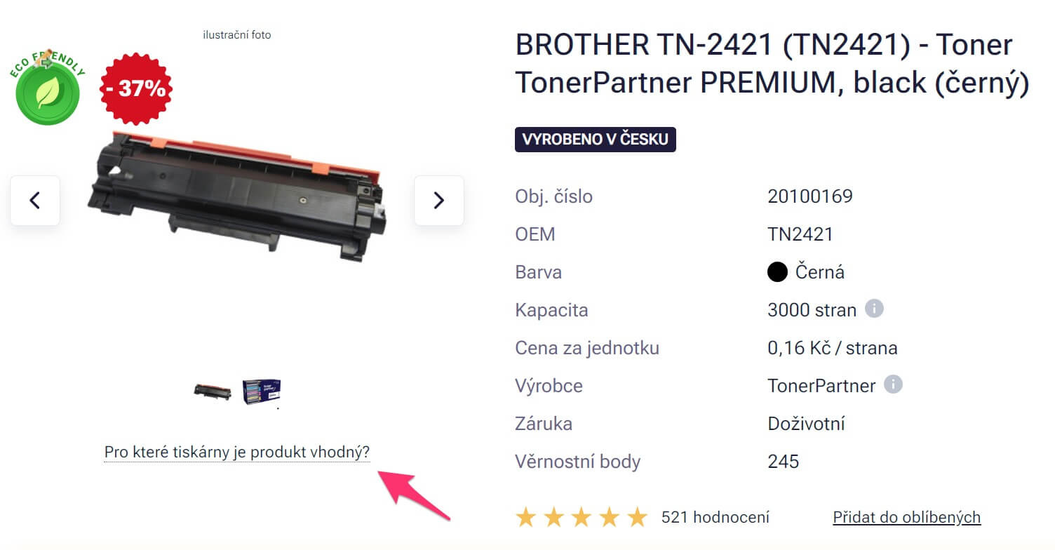 Screenshot detailu náplně z webu TonerPartner.cz se šipkou ukazující na informace o kompatibilitě dané náplně.