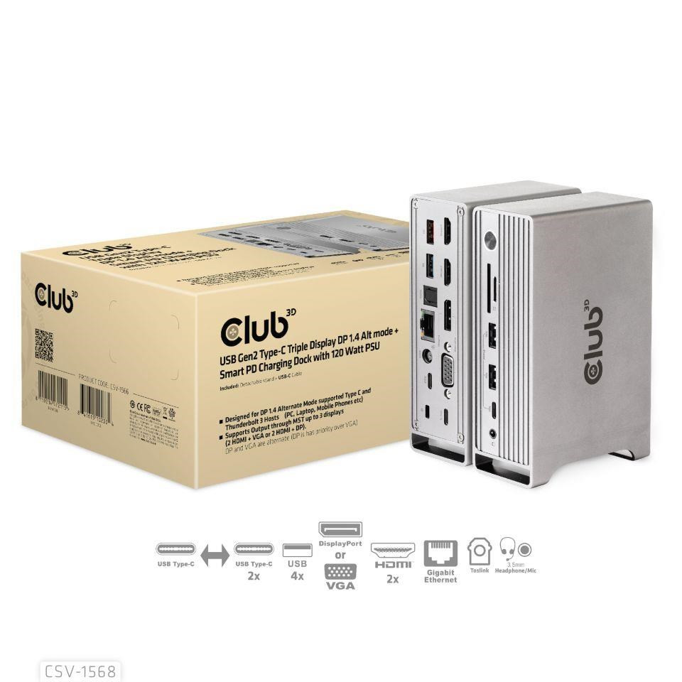 Levně Club3D Dokovací stanice USB-C, Triple Display DP 1.4 Alt mode Displaylink Dynamic PD Charging Dock with 120 Watt PS