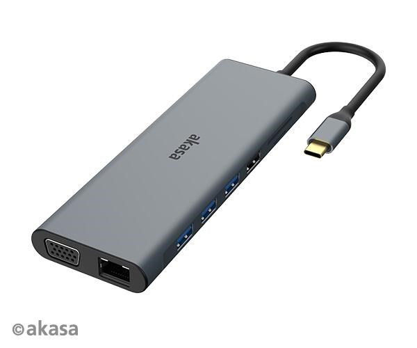 Levně AKASA Dokovací stanice USB-C 14v1, USB-C (power+data), USB 2.0, 2xHDMI, VGA, RJ45, USB 3.2, čtečka karet, 3, 5mm jack