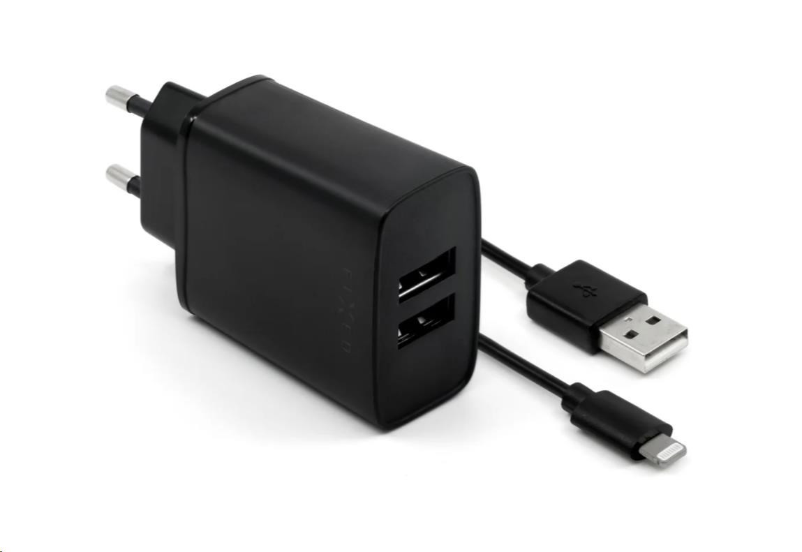 Levně Fixed nabíječka do sítě, konektor 2x USB-A, kabel USB -> Lightning (MFI) délka 1 m, 15 W, černá