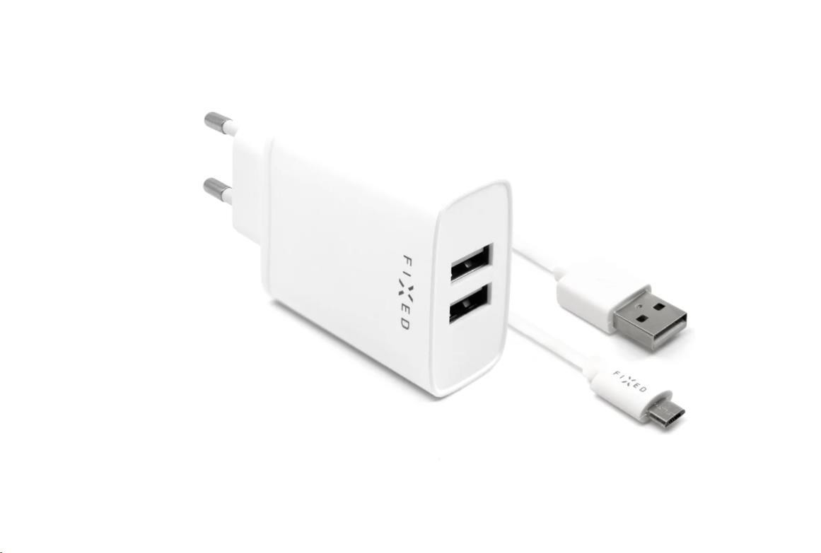 Fixed nabíječka do sítě, konektor 2x USB-A, kabel USB -> micro USB délka 1 m, 15 W, bílá