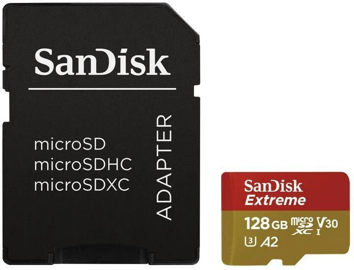 Levně SanDisk micro SDXC karta 128GB Extreme Action Cams and Drones (190 MB/s Class 10, UHS-I U3 V30) + adaptér