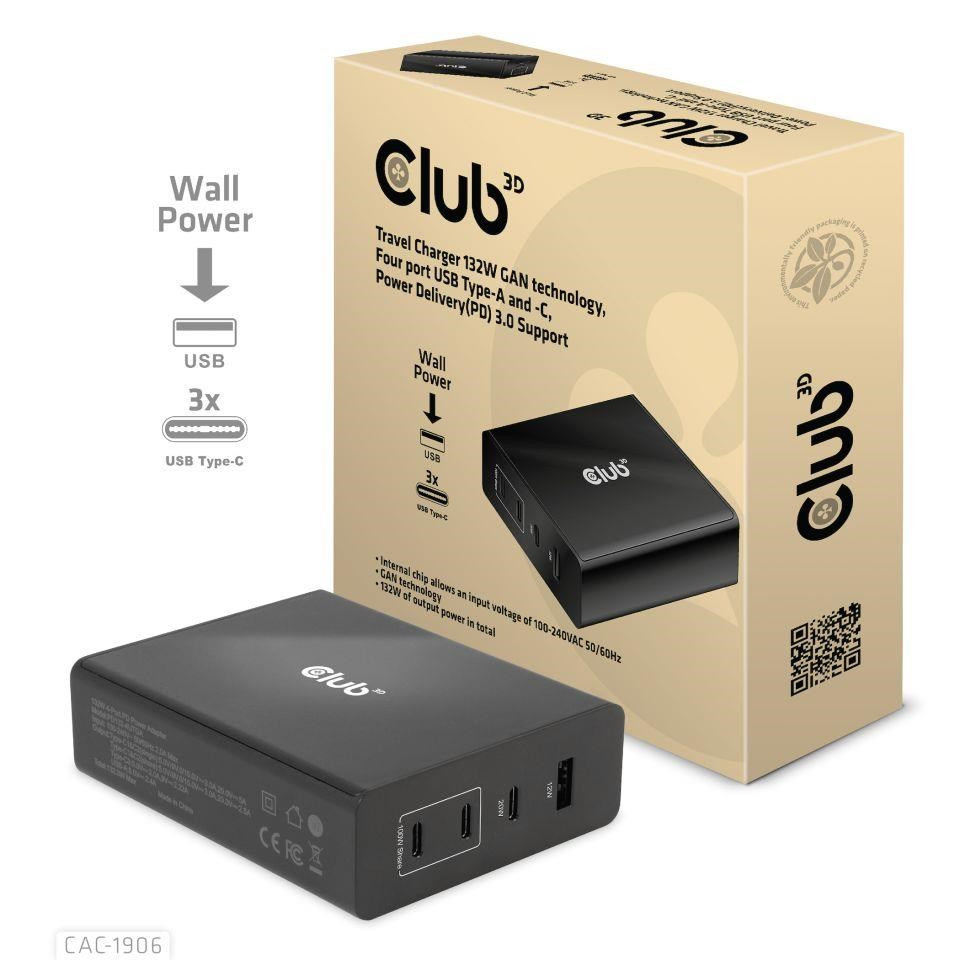 Levně Club3D cestovní nabíječka 132W GAN technologie, 4xUSB-A a USB-C, PD 3.0 Support