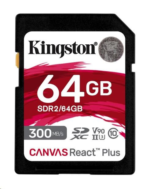 Levně Kingston SDXC karta 64GB Canvas React Plus SDHC UHS-II 300R/260W U3 V90 for Full HD/4K/8K