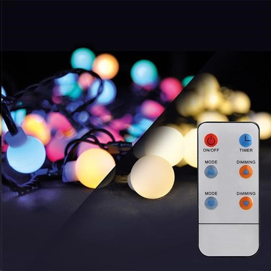 Levně Solight LED 2v1 venkovní vánoční řetěz, koule, dálkový ovladač, 100LED, RGB+bílá, 10m+5m, 8 funkcí, IP44