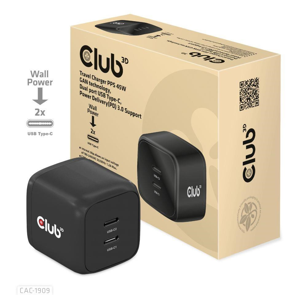 Levně Club3D cestovní nabíječka PPS 45W GAN technologie, Dual port USB Type-C, Power Delivery(PD) 3.0 Support
