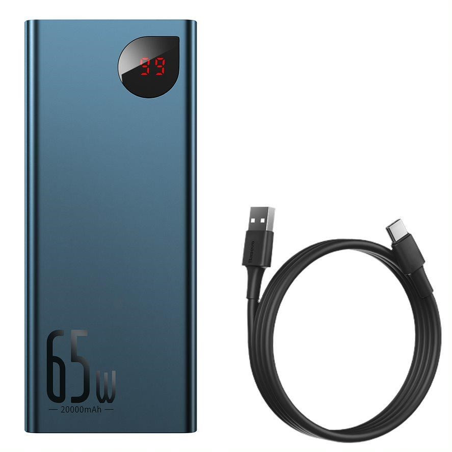 Levně Baseus Adaman Metal Power Banka s digitálním displejem QC + PD 20000mAh 65W, modrá + USB-A/USB-C kabel 30cm, černá