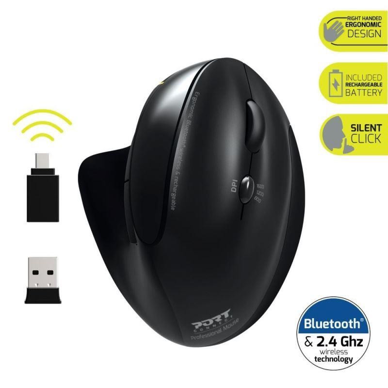 Levně PORT vertikální bezdrátová ergonomická myš, BT, 2, 4 GHz, USB-A/C, pro praváky, černá
