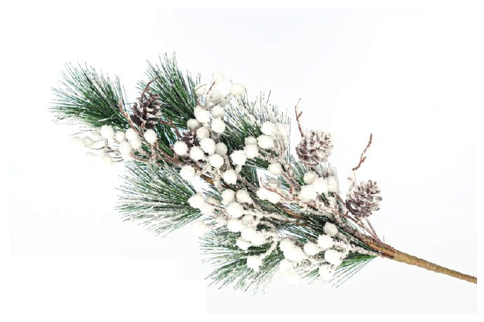 Levně Eurolamp Vánoční dekorace větev s bílými bobulemi a šiškami, 79 cm, 1 ks