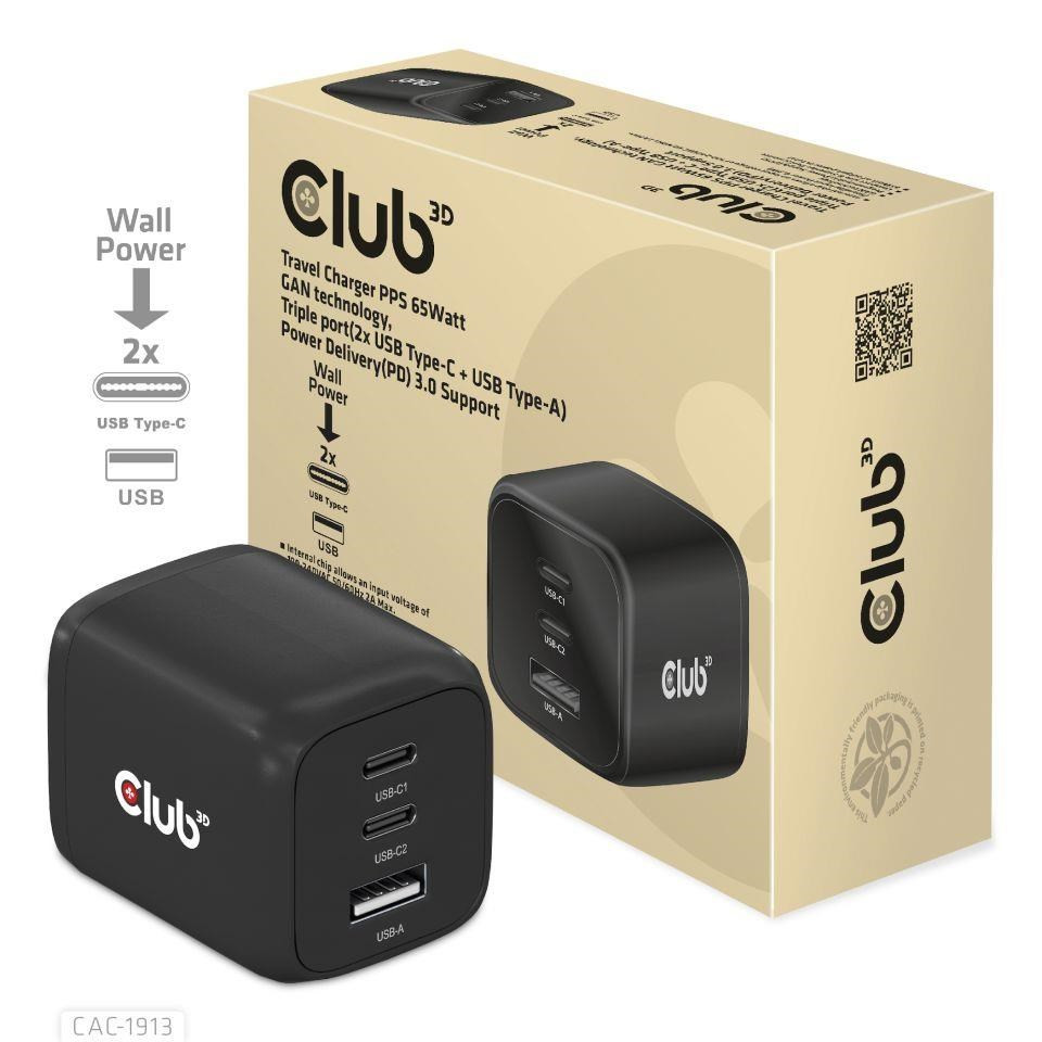 Levně Club3D cestovní nabíječka 65W GAN technologie, 3 porty (2xUSB-C + USB-A), PPS, Power Delivery(PD) 3.0 Support