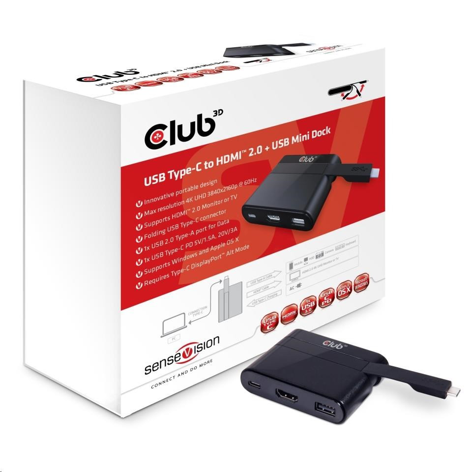 Levně Club3D mini dokovací stanice USB 3.0 typ C na (HDMI™ 2.0 4K60Hz UHD/USB 2.0/USB-C), nabíjecí