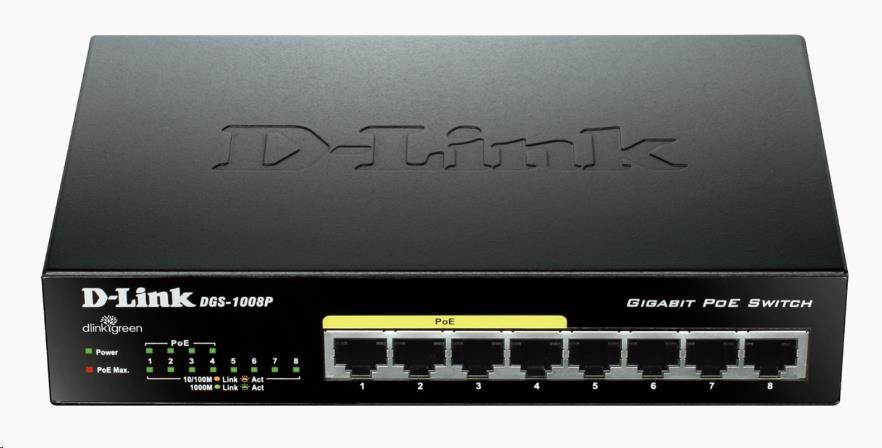 Levně D-Link DGS-1008P 8-port Gigabit Desktop Switch, 4 porty jsou PoE+, PoE budget 68W