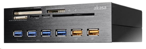 Levně AKASA čtečka karet AK-HC-07BK Interconnect EX do 5.25”, 5-slotová, 4x USB 3.0, 2x nabíjecí USB, E-SATA, hliník, černá