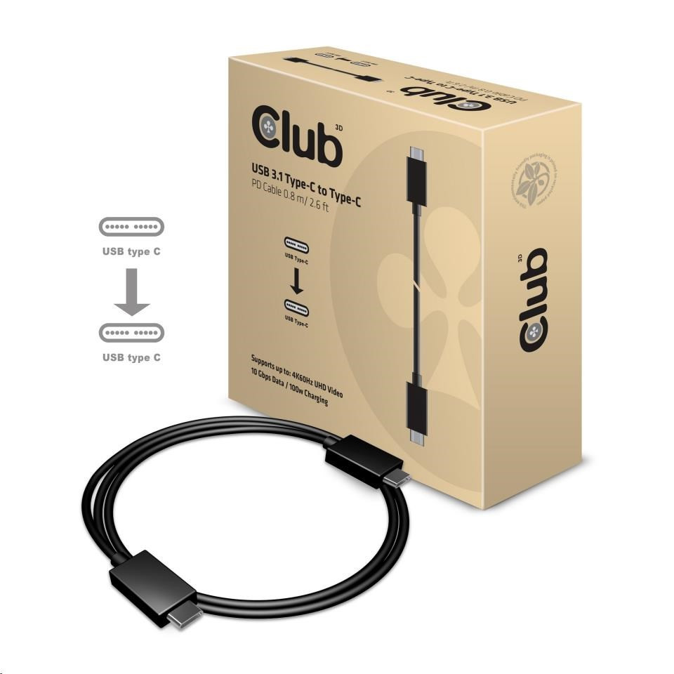 Levně Club3D Kabel USB 3.1 typ C Gen2 4K60Hz UHD Power Delivery 100W, (M/M), 80cm