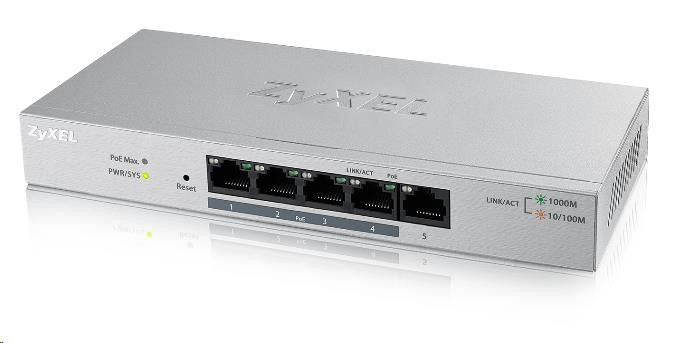 Levně Zyxel GS1200-5HPv2 5-port Desktop Gigabit Web Smart PoE switch, 4x PoE+ GbE, PoE 60W, fanless