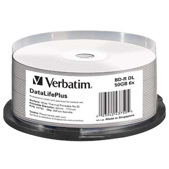 Levně Verbatim BD-R, DL+ Wide Thermal Printable No Id Surface Hard Coat, 50GB, spindle, 43750, 6x, 25-pack, pro archivaci dat