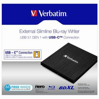 Levně Verbatim externí Blu-Ray mechanika, 43889, USB 3.1, USB-C, ZDARMA 25GB MDISC
