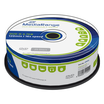 Levně Mediarange DVD-R, MR403, 4.7GB, 16x, cake box, 25-pack, bez možnosti potisku, 12cm, Standard, pro archivaci dat