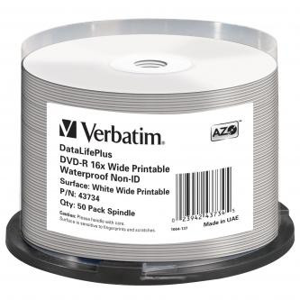 Levně Verbatim DVD-R, Wide Printable Waterproof No ID Brand, 43734, 4.7GB, 16x, spindle, 50-pack, 12cm, pro archivaci dat