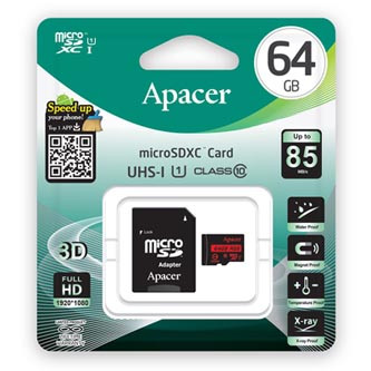 Levně Apacer paměťová karta Secure Digital Card V10, 64GB, micro SDXC, AP64GMCSX10U5-R, UHS-I U1 (Class 10), s adaptérem