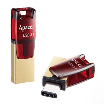 Apacer USB flash disk OTG, USB 3.0, 32GB, AH180, červený, AP32GAH180R-1, USB A / USB C, s otočnou krytkou